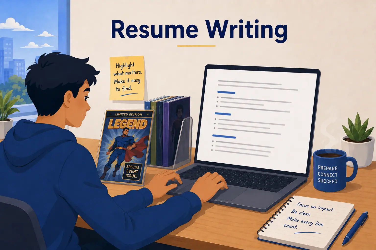 Illustration of a professional creating a resume at a laptop